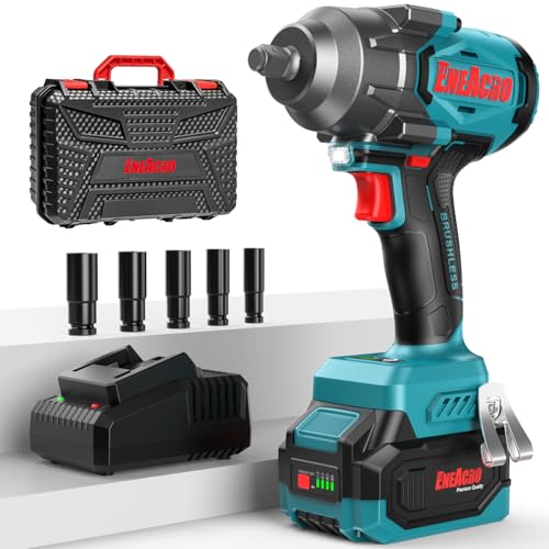 ENEACRO Chave de impacto sem fios 20 V, par de aperto alto de 1/2 polegadas de 1000 N.m, chave de impacto sem escovas com 3 modos de velocidade, luz LED, bateria de 4000 mAh carregador rápido e