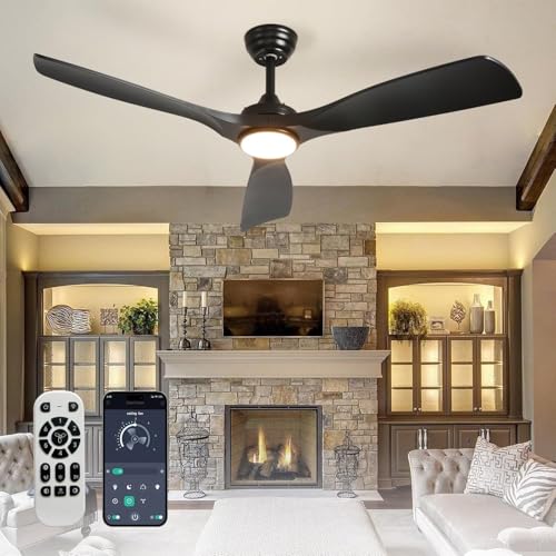 Depuley Ventoinha de teto com luz moderna, 132 cm, exterior com controlo remoto, APP para pátio, alpendre, ventilador preto interior, 3 pás reversível, temporizador silencioso