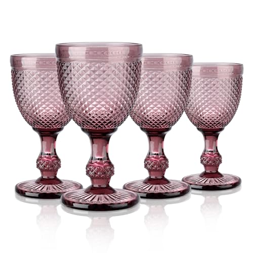 Joeyan Conjunto de 4 copos de vinho vintage roxo, 270 ml copos de vidro com relevo elegantes, conjunto de copos vinho cores retro com pé, para máquina de lavar louça, para festa casamento ou batizado