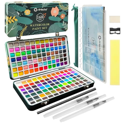 Artecho Kit aguarela 168 cores em estojo portátil, conjunto de pintura com pincel e papel de aguarela, watercolor, aguarela de viagem, para artistas e pintores fãs