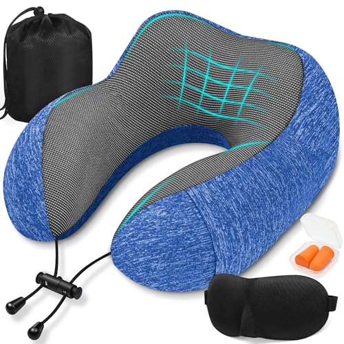 SOMLAW Almofada de viagem para pescoço, Comfy almofada avião viscoelástico de espuma memória, almofada pescoço viagem com máscara de olhos, tampões e saco, ideal para avião, comboio e carro (azul)