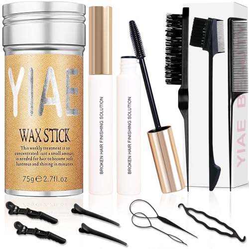 YIAE Kit de cera de cabelo, 75 g Hair wax stick e 2 peças hairfeel stick e kit trançado, cera para o cabelo com cera não oleosa cabelo mulher para cabelo rebelde, cabelo de bebé, edge Frizz cabelo