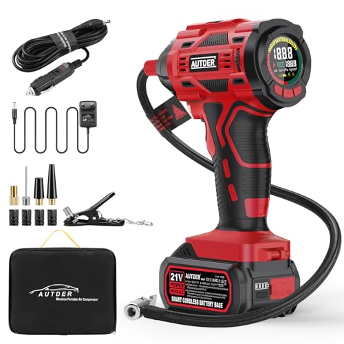 AUTDER Inflador de pneus 180 PSI, compressor portátil para carros/motos com bateria 21 V recarregável 2000 mAh, auto-desligado, luz LED, inclui capa impermeável - vermelho