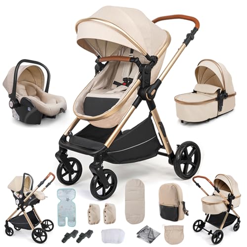NADDLILY Carrinho de bebé 3 em 1, carrinho de bebé com design portátil dobrável de um clique, carrinho de bebé 3 peças com impulso reversível de duas vias, carrinho de bebé de 3 peças com acessórios