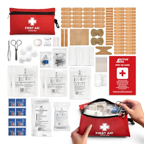 Active Era Kit de primeiros socorros premium de 120 peças - inclui vendas, curativos, tesouras metálicas extra fortes e manta de emergência para carro, casa, escritório, caravana, trabalho e viagens