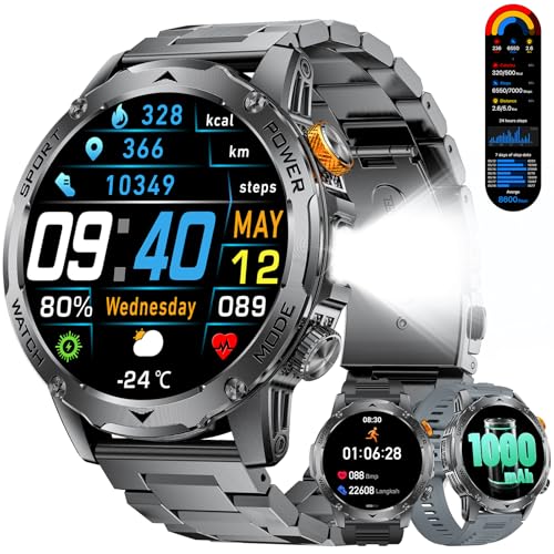 LIGE Relógio inteligente para homem, 1000 mAh bateria / lanterna LED, chamada Bluetooth assistente de voz, 100 modos desportivos, 1,75" exteriores Smartwatch homem para Android iOS, preto e cinzento