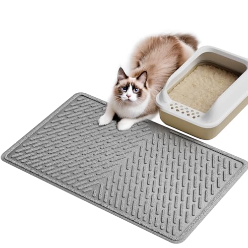 Pieviev Tapete de areia para gato 76 x 58 cm, tapete gatos areia com textura, tapete areia gatinho - recolher a areia, Cat Litter Mat antiderrapante, fácil de limpar, impermeável - cinzento