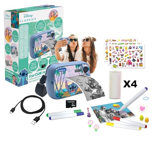 Lexibook, Disney Stitch, StarCAM Print, conjunto de câmara com impressora instantânea, função de foto e vídeo, cartão SD de 32 GB e kit de personalização de fotos incluídas, azul, DJ150D