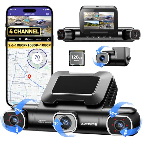 AZDOME M660 Câmara de carro Dashcam 4 canais para carro 1440P + 3 * 1080P, 360° dianteiro traseiro 5GWiFi, câmara de tablier controlada por voz com GPS, WDR, Eingebaute 128 GB eMMC-Speicher