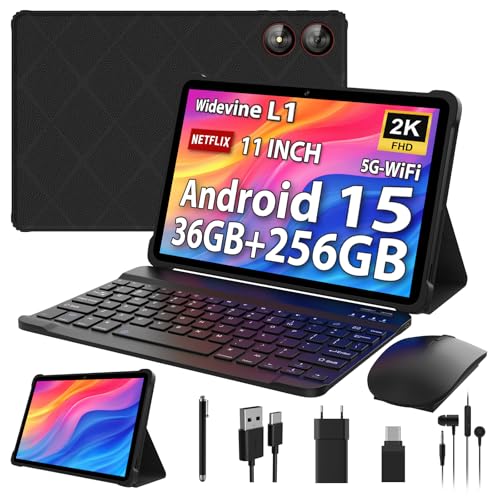 PIXGOOD 2025 2K Tablet de 11 polegadas com Android de 15, 36 GB + 256 GB, INELL 2000 * 1200, Octa Core, 13 MP+8 MP, WidevineL1/9000 mAh/5G WiFi/BT5.0/OTG/G/G/GPS, Tablet Com teclado (Normal) Preto)