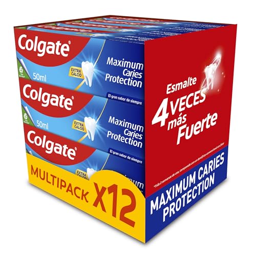 Colgate Pasta de dentes Maximum Caries Protection Pack de 12 x 50 ml | tecnologia superior** anticárie | esmalte 4 vezes mais forte | pasta de dentes com flúor e arginina | sabor a menta