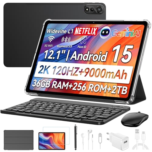 Blackview Mega 2 Tab de 12 polegadas Tablet Android 15 Dual 4G LTE e 5G WiFi, 36 GB RAM+256 GB ROM/2TB TF, câmaras IA, 9000 mAh, Widevine L1/GPS/WPS/PC Tablet com teclado, rato, Capa Pro. Peitora