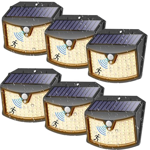 Giliwosy Luz solar exterior, pacote de 6 / 3 modos IP65 impermeável holofotes LED exteriores solares com sensor de movimento, luzes solares LED jardim para garagem caminhos portas (luz quente)