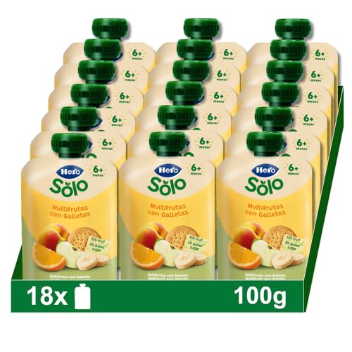 Hero Baby - Sacos multifrutas com bolachas, sem conservantes nem corantes, óleo de palma, nem açúcares adicionados, para bebés a partir dos 12 meses - embalagem de 18 x 100 g
