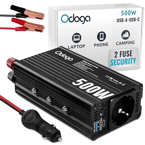 Odoga Inversor 12 v 220 v Transformador de 500 W, conversor com portas USB-A e USB-C de 3 A, adaptador isqueiro para carro a tomada, carregue os seus dispositivos em autocaravanas, camper Vaneta e