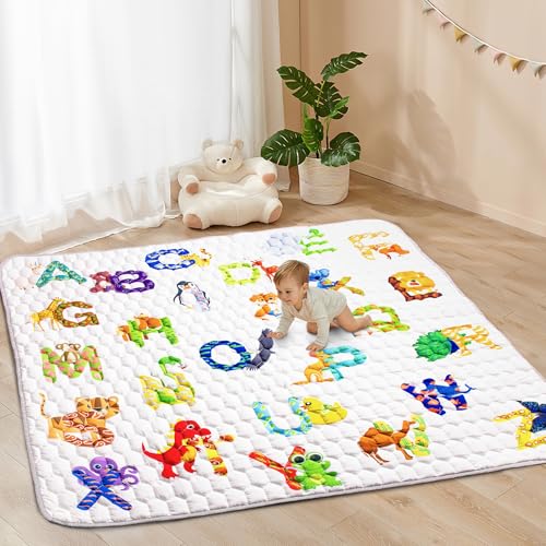 Funsland Tapete de bebé acolchoado dobrável, 200 x 180 cm antiderrapante algodão tapetes de gate, tapete impermeável para jogos bebé, letras animal tapete de atividades bebé para 12 3 anos