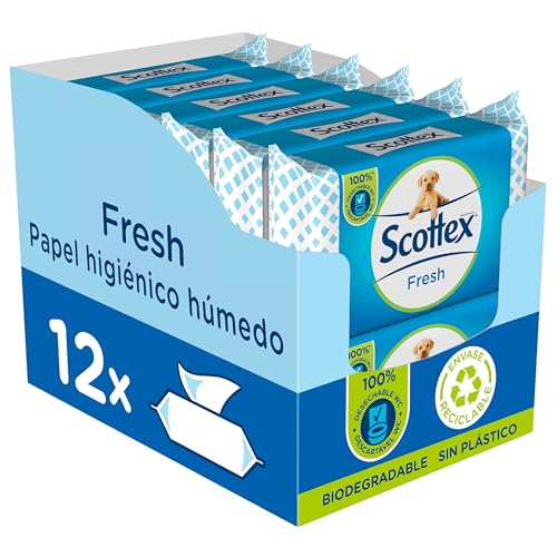Scottex Papel higiénico húmido fresco com água micelar e vitamina E, biodegradável e sem plástico, caixa de 12 embalagens de 38 serviços, total 456 toalhas húmidas descartáveis por WC