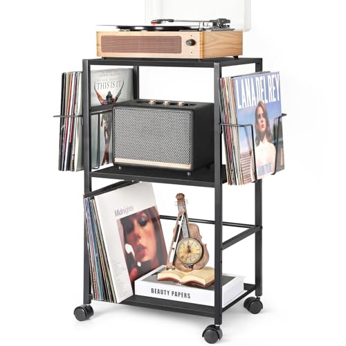 Bikoney Móveis para gira-discos com 2 expositores de vinil e mesa auxiliar, suporte para reprodutor de vinil e armazenamento de até 150 discos, móveis para sala ou quarto, preto