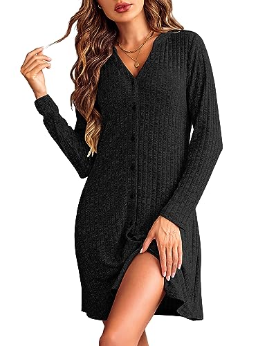 Ekouaer Camisola comprida para mulher, solta, decote em V, com botões, roupa de dormir casual, S-XXL