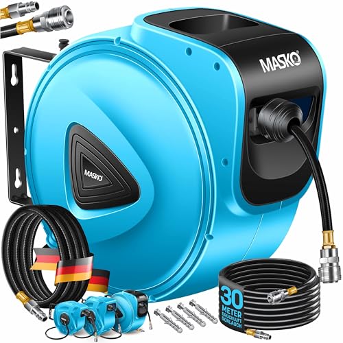 MASKO® Enrolador automático de mangueira de ar comprimido, conexão 1/4, enrolador de mangueiras, suporte de mangueira montado na parede, enrolador de mangueiras de ar comprimido, azul, 30 m