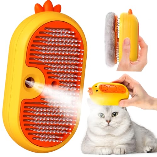 Escova a vapor para gatos com botão de liberação, recarregável escova gato vapor para pelo comprido e curto gatos cães coelhos, escova para gatos para animais de estimação com pelo solto (amarelo)