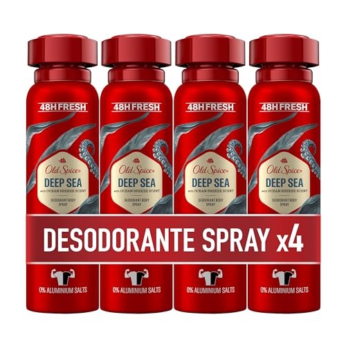 Old Spice Deep Sea Desodorante corporal em spray para homem, 48 horas fresco, 0% sais de alumínio, antimanchas, brancas e amareladas, 4 x 150 ml