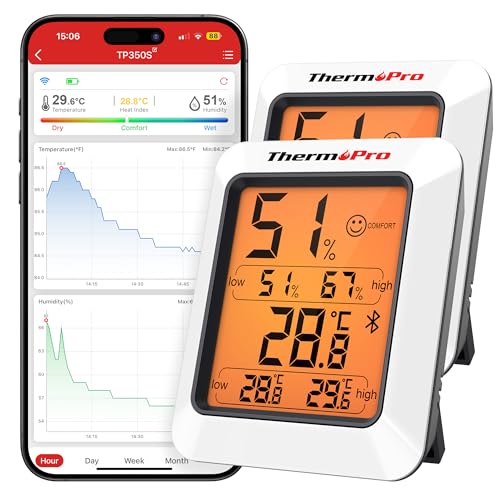 ThermoPro Termómetro higrómetro de 80 m, Bluetooth, termómetro interno, temperatura e humidade com aplicação, exportação de dados para interior, escritório, adega, estufa TP350, 2 unidades