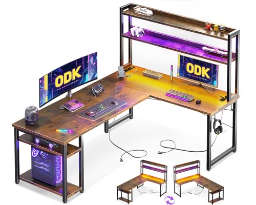 ODK Mesa de jogos com LED, 168 × 120 cm, secretária com prateleira reversível, mesa em L com tomadas e portas USB, secretária Gaming de madeira vintage com compartimentos e armazenamento