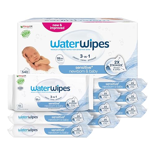 WaterWipes Sensitive Newborn & Baby Wipes, 540 unidades (embalagem de 9), 3 em 1 limpa, cuidado, protege, 99,9% água, sem perfume