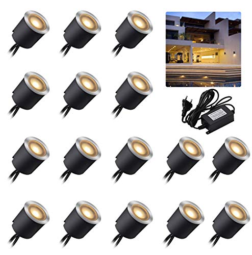 Arotelicht Conjunto de 16 unidades Foco LED embutido de 12 V, piso LED, IP67, impermeável, 2800 K, cor branca quente, 0,6 W, diâmetro de 32 mm, para terraço, cozinha, jardim, luz decorativa de