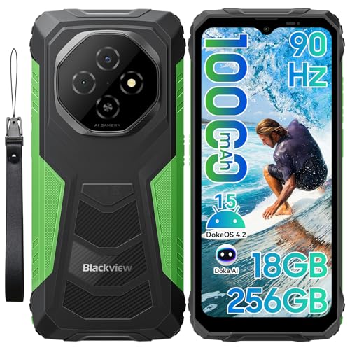 Blackview Fort 1 telemóvel inquebrável Android 15, 256 GB + 18 GB (TF 2TB) telemóvel rugerizado, 10000 mAh bateria - 6,56" HD+ telemóvel, AI câmera, Face ID/dual SIM/NFC/OTG/390g/Gemini AI Mobile I