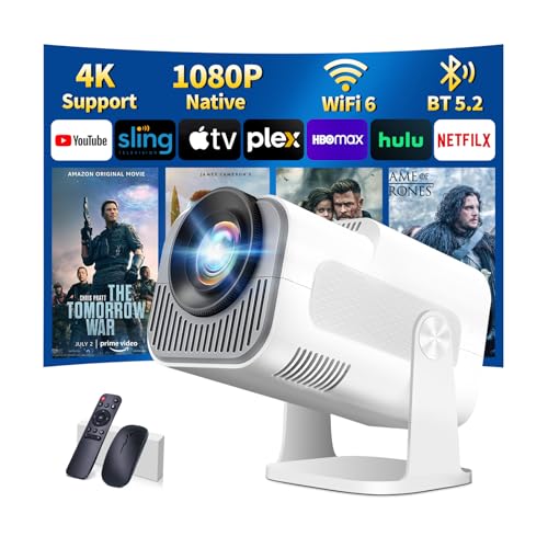 [App integrado] Projetor portátil, 1080P Full HD mini projetor vídeo com suporte 4k, com WIFI6 e Bluetooth5.2, gira 180 ° com correção trapezoidal automática, para TV Stick/USB/HDMI/PC/Laptop