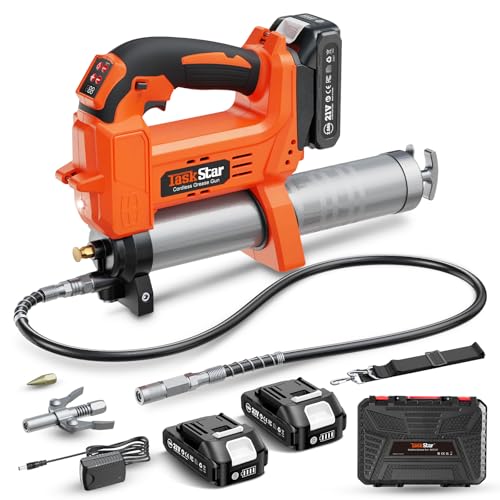 TaskStar Lubrificante a bateria de 1000 PSI: Limpeza melhorada com controlo automático de volume de gordura, 2 baterias * 2,0 AH, 3 acopladores - 4,6 oz/min eficaz para tratores, camiões e máquinas
