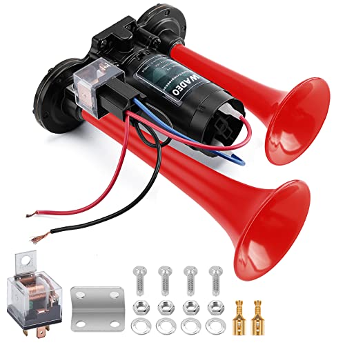 WADEO Buzina de camião de 12 V 150 db, buzina de carro dupla super forte com buzina de ar de compressor, kit de buzina alta para todos os veículos de 12 V, carro, camião, barco, carrinha (vermelho)