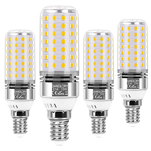 SanGlory Lâmpada LED E14 de luz quente de 13 W, equivalente a 100 W incandescente, 1400 lúmenes, 3000 K, milho não regulável, conjunto de 4