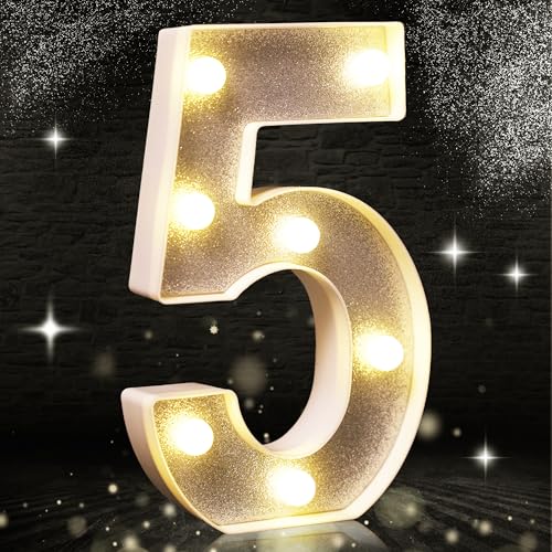 Número 5 - Luz LED prateada com purpurina, luzes com números roxos, adequadas para decoração de festas de aniversário, chá de bebé, fundo de casamento, decoração de casa, 20,3 cm, número 5