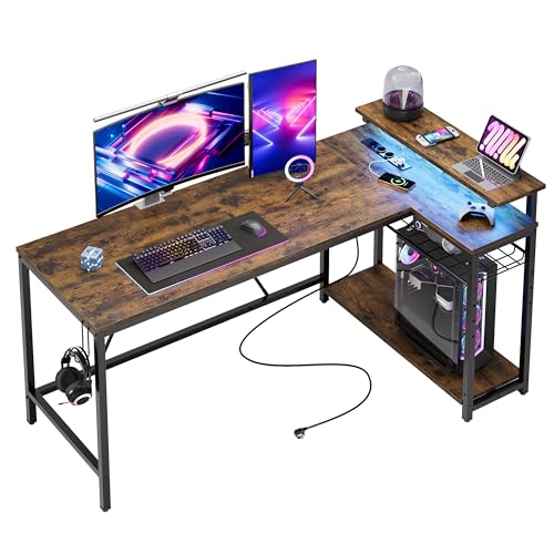 Secretária em forma de L de 147 cm com tomadas de corrente, mesa de canto para escritório em casa com prateleiras Revernewskill e luzes LED, secretária de estúdio e simples para espaços pequenos