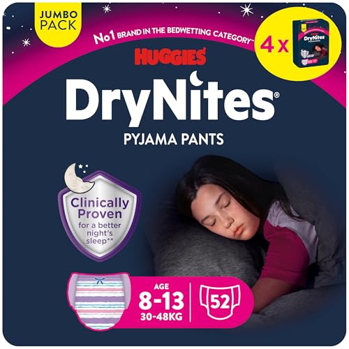 Huggies DryNites Fraldas de noite para menina 8-13 (30 - 48 kg), testadas clinicamente com 5 camadas de máxima proteção noturna, 4 pacotes de 13, total 52 cuecas absorventes
