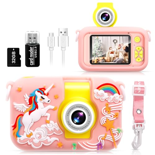 ARNSSIEN Câmara com fotos infantis, câmara de fotos para crianças com lente de 180°Flip e ecrã IPS 2,4 polegadas, brinquedo de aniversário para meninos e meninas de 3-12 anos, cartão de 32 GB, X101
