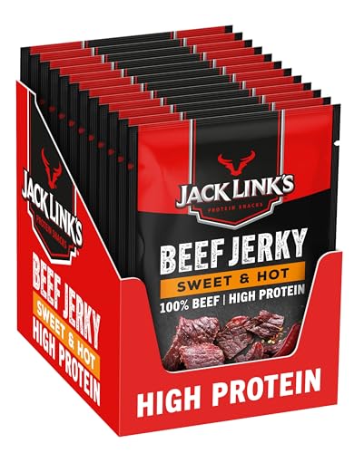 Jack Links Beef Jerky Sweet & Hot (12 x 25 g) - Proteína de carne - Protein Snacks - altamente protetora, Cecina seca rica em proteínas, Snack proteico alto em proteínas para fitness, ao ar livre
