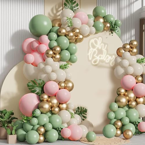 Kit de arco de balão verde rosa, 132 peças grinalda de balões verde rosa branco ouro, balões verde sálvia de aniversário casamento Baby Shower batizo comunhão festa decoração