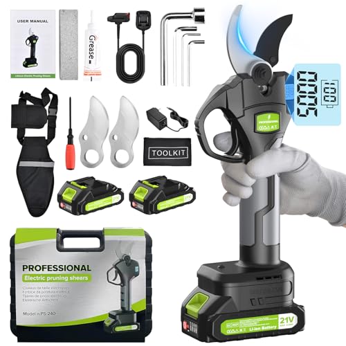 Tesoura elétrica de podar, 40 mm progressivo máquina elétrica profissionais com 2 recarregável bateria de lítio 21 V 2,0 Ah para jardinagem, vinhas frutas
