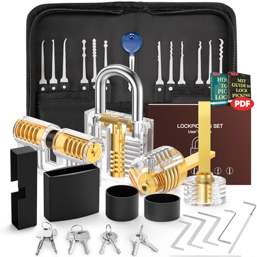 IPSXP Conjunto de anzuas, 32 peças anzúas de serralheiro com 4 fechaduras de treino transparentes e bolso com fecho de correr, guia para o treino de iniciantes e serralheiros