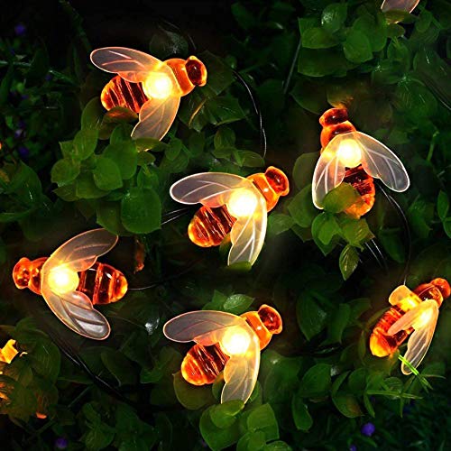 [50 LED] Luzes solares exteriores, corrente de luzes fadas de abelha de mel, 7 m, 8 modos, impermeável, iluminação interior / exterior para jardim, relva, pátio, Natal (branco quente)