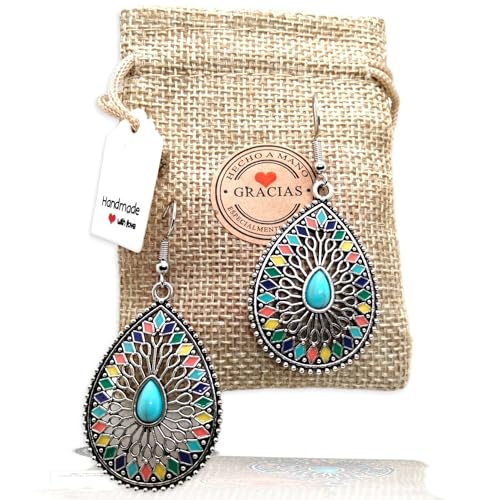 WORLD GOBLINS Pendientes Bohemios Hippie Llamativos, Boho Vintage. Pendiente Largo para Mujer Ideal para Regalar. Mandala Ethno 2024. Elegantes y Ligeros. Regalo Original (Gota Turquesa)