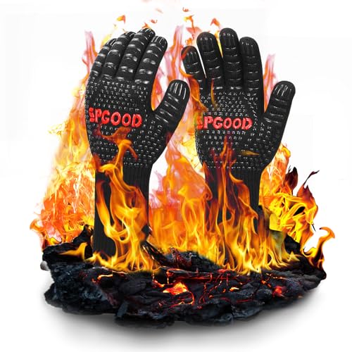 SPGOOD Luvas para churrasco luvas forno altas temperaturas longas, BBQ luvas resistentes ao calor até 800 °C para cozinha, grelha, forno micro-ondas, lareira preta (M/XL)