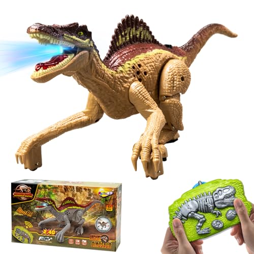 OBEST Brinquedo de dinossauro remoto, 2,4 G brinquedo de dinossauro elétrico remoto com detecção de gestos, com caminhada, ruídos e cabeça sacudindo funções, presentes para meninos e meninas