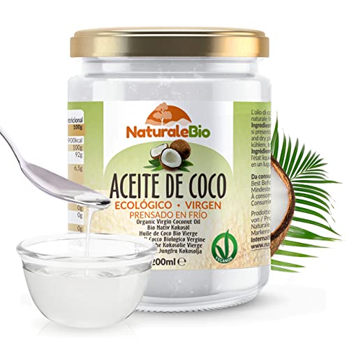NaturaleBio Óleo de coco ecológico virgem 200 ml. Cru e prensado a frio. Orgânico e natural. Óleo bio nativo não refinado. País de origem do Sri Lanka.
