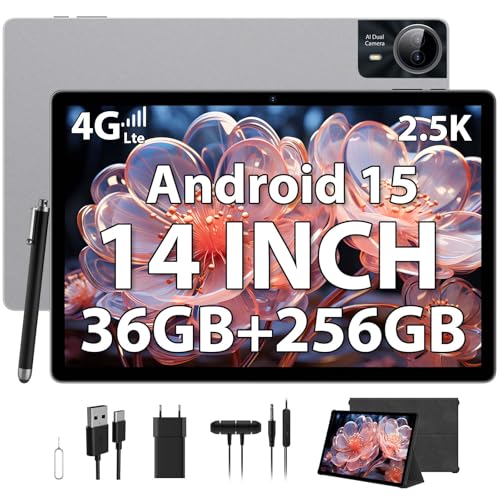 PIXGOOD 2,5 K Tablet de 14 polegadas, 4 G Lte/5G WiFi, INELL 2240 x 1400, 11580 mAh, 36 GB RAM, 256 GB ROM (extensão de 2 TB), Android 15, Octa-Core, 13 MP+8 MP, tablet com custódia/Auri. GPS/Bluet