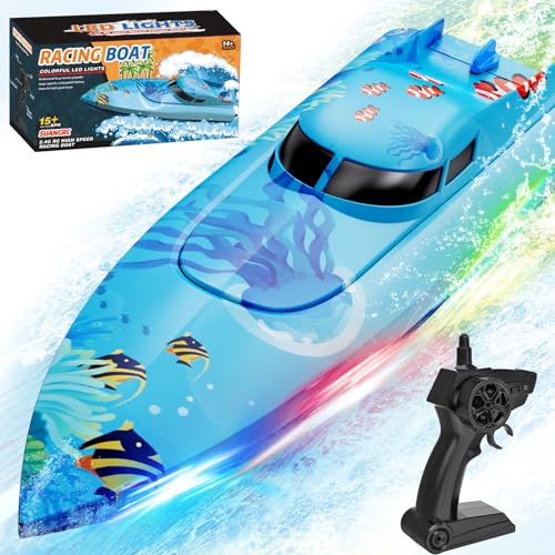 suangrc Barco remoto para adultos, barcos RC para piscinas e lagos, barco RC luz LED para crianças, brinquedo de verão com bateria recarregável, presente para adultos, meninos e meninas